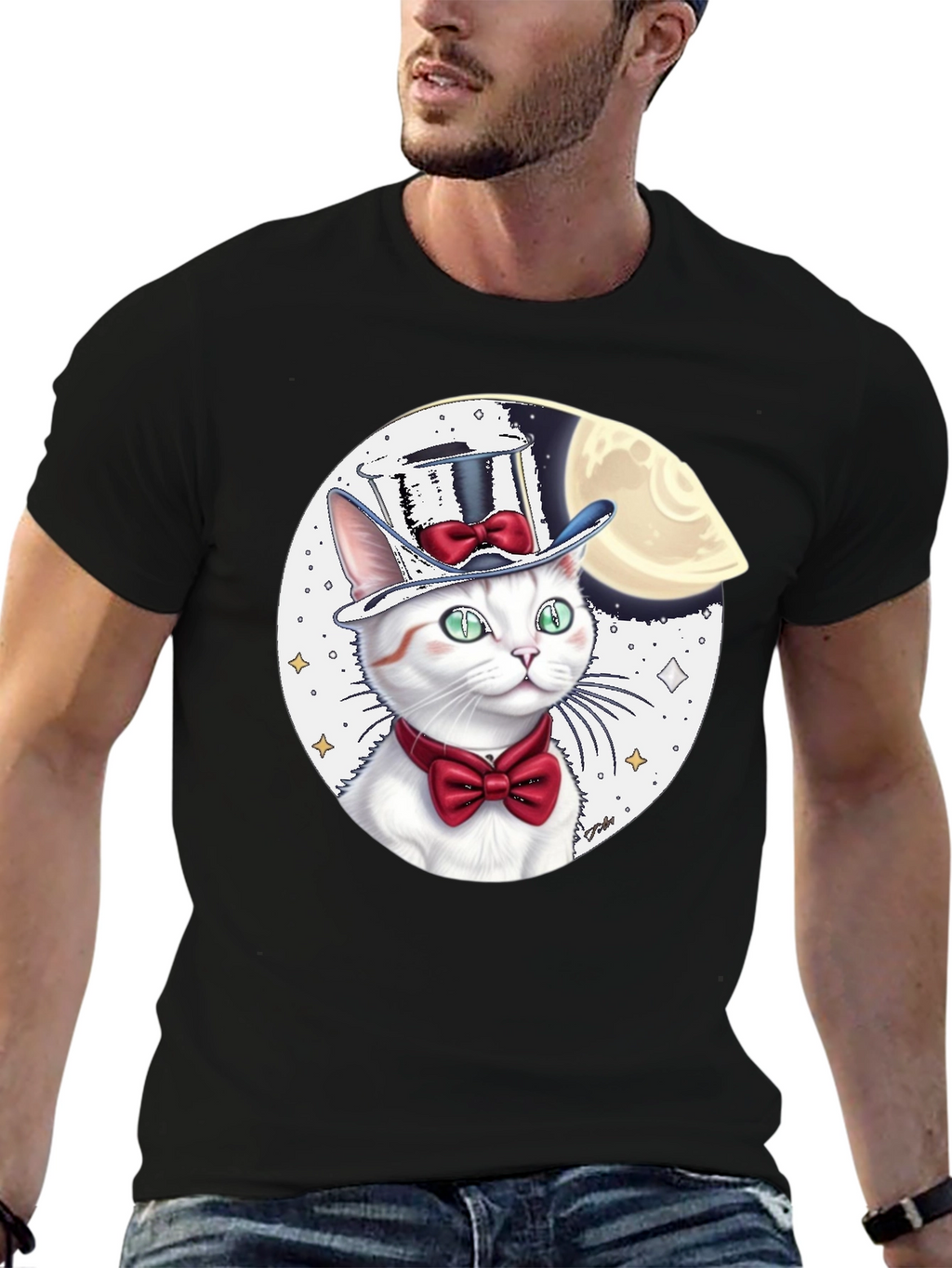 Cat in Hat Graphic Tee - Black Cotton Blend