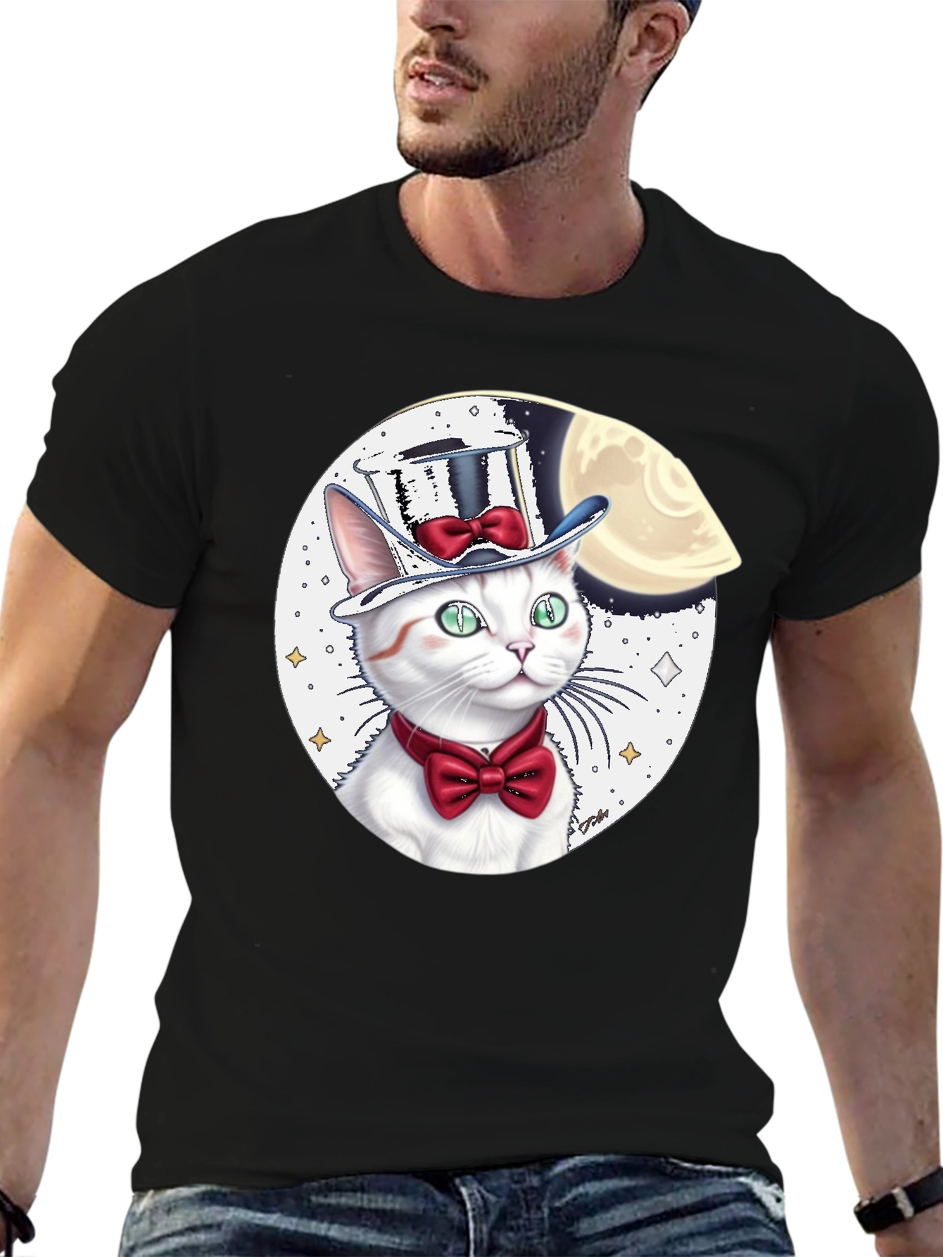 Cat in Hat Graphic Tee - Black Cotton Blend
