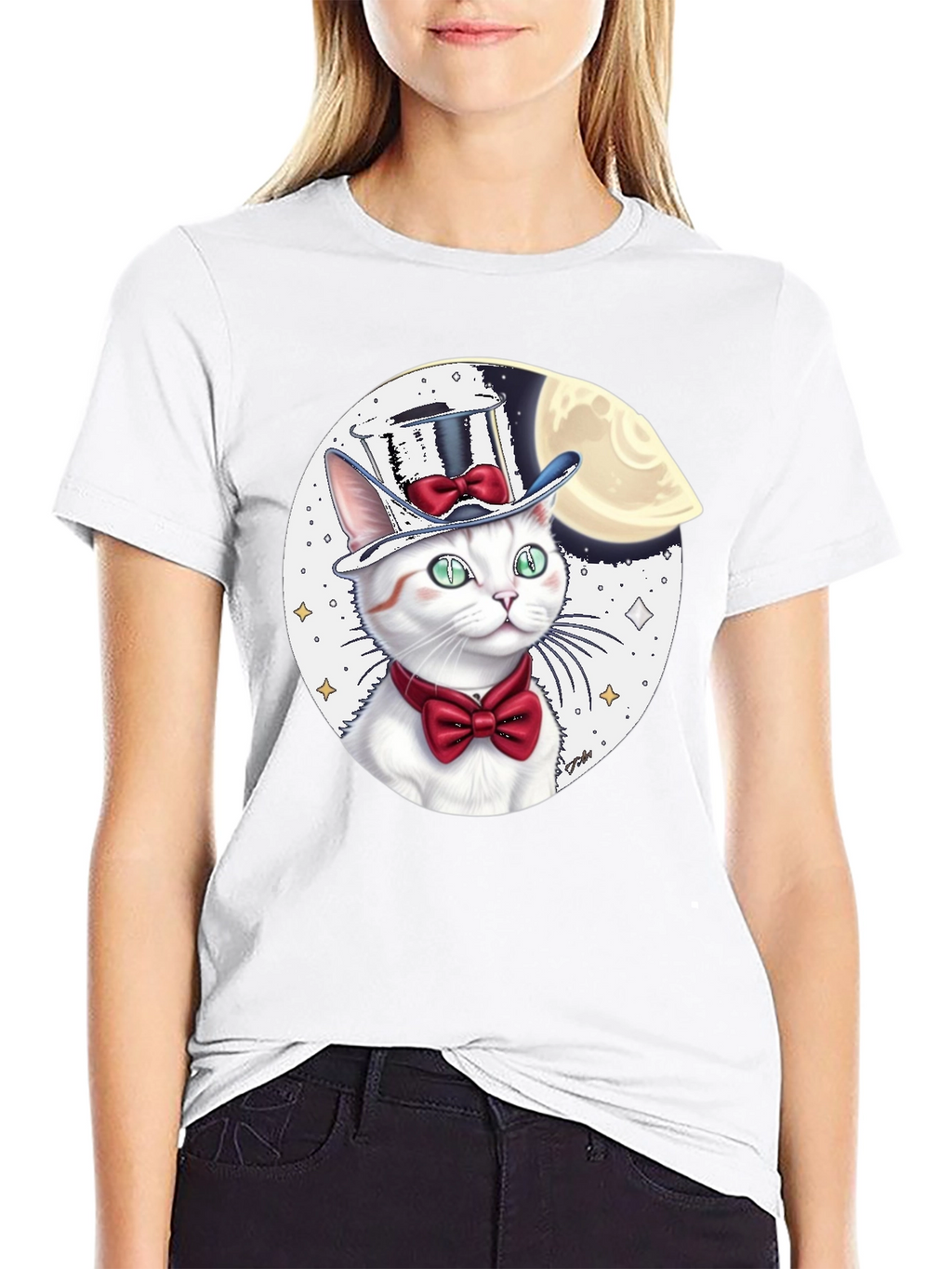 Cat in Hat Graphic Tee - Black Cotton Blend