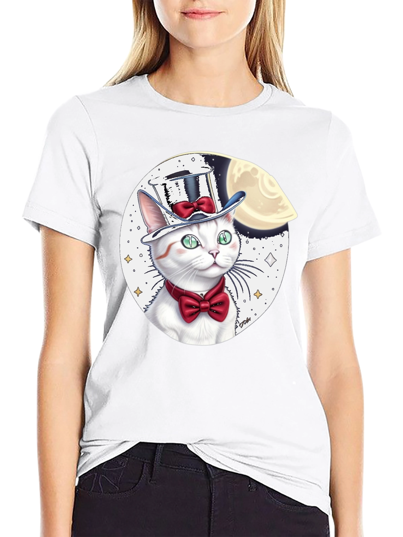 Cat in Hat Graphic Tee - Black Cotton Blend