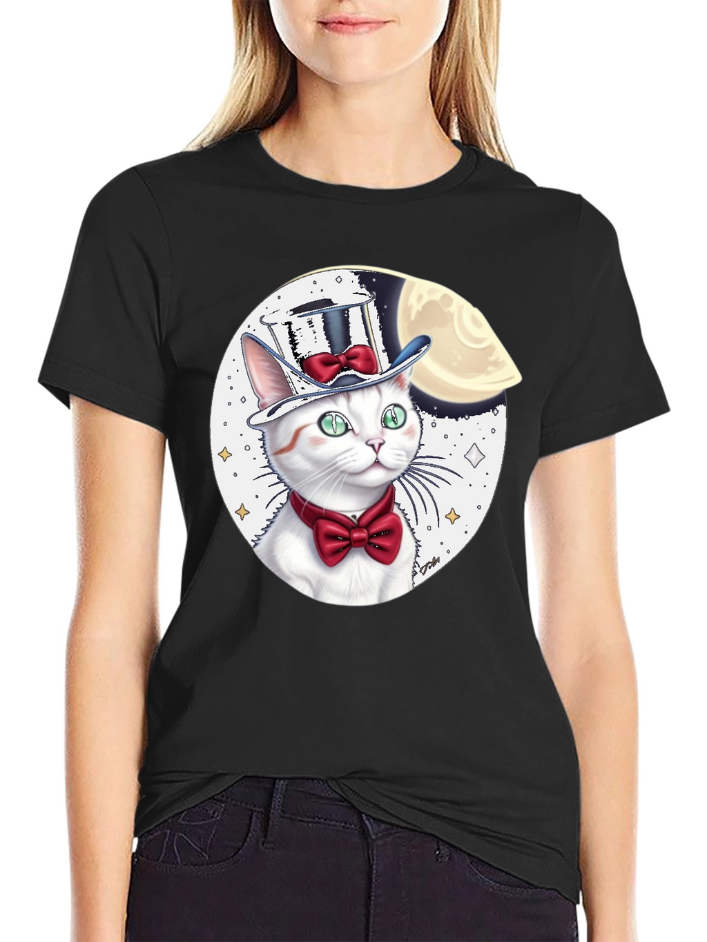 Cat in Hat Graphic Tee - Black Cotton Blend