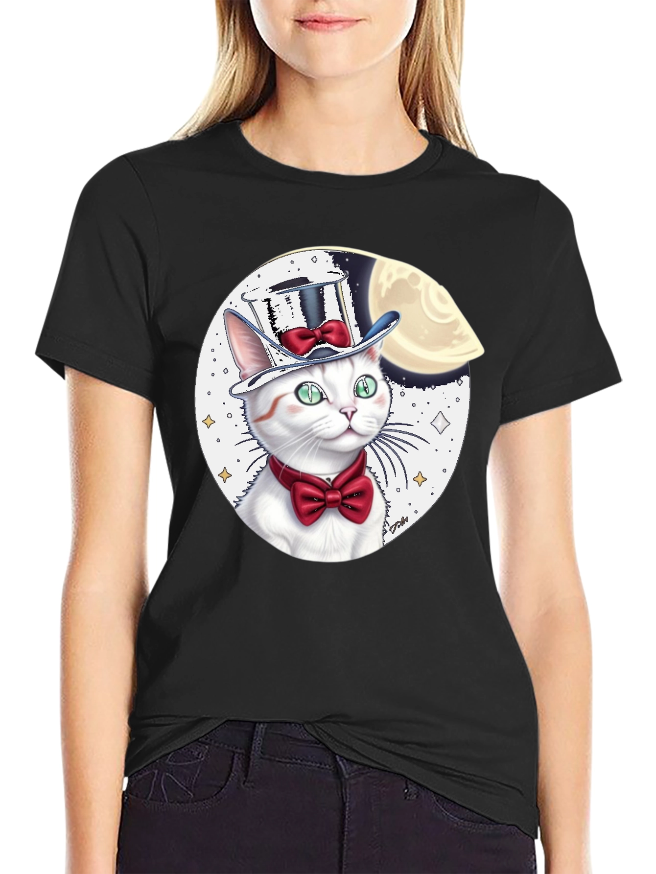 Cat in Hat Graphic Tee - Black Cotton Blend