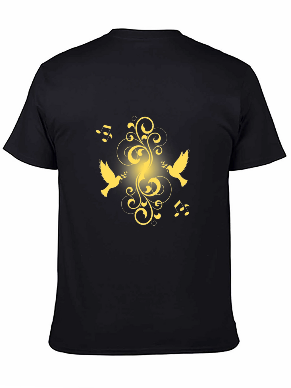 Black T-Shirt with Golden Dove and Music Design