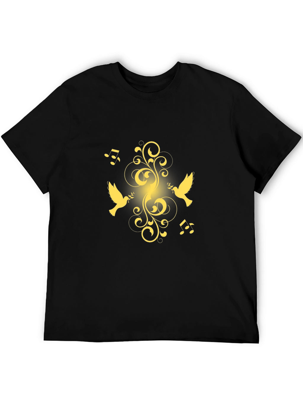 Black T-Shirt with Golden Dove and Music Design