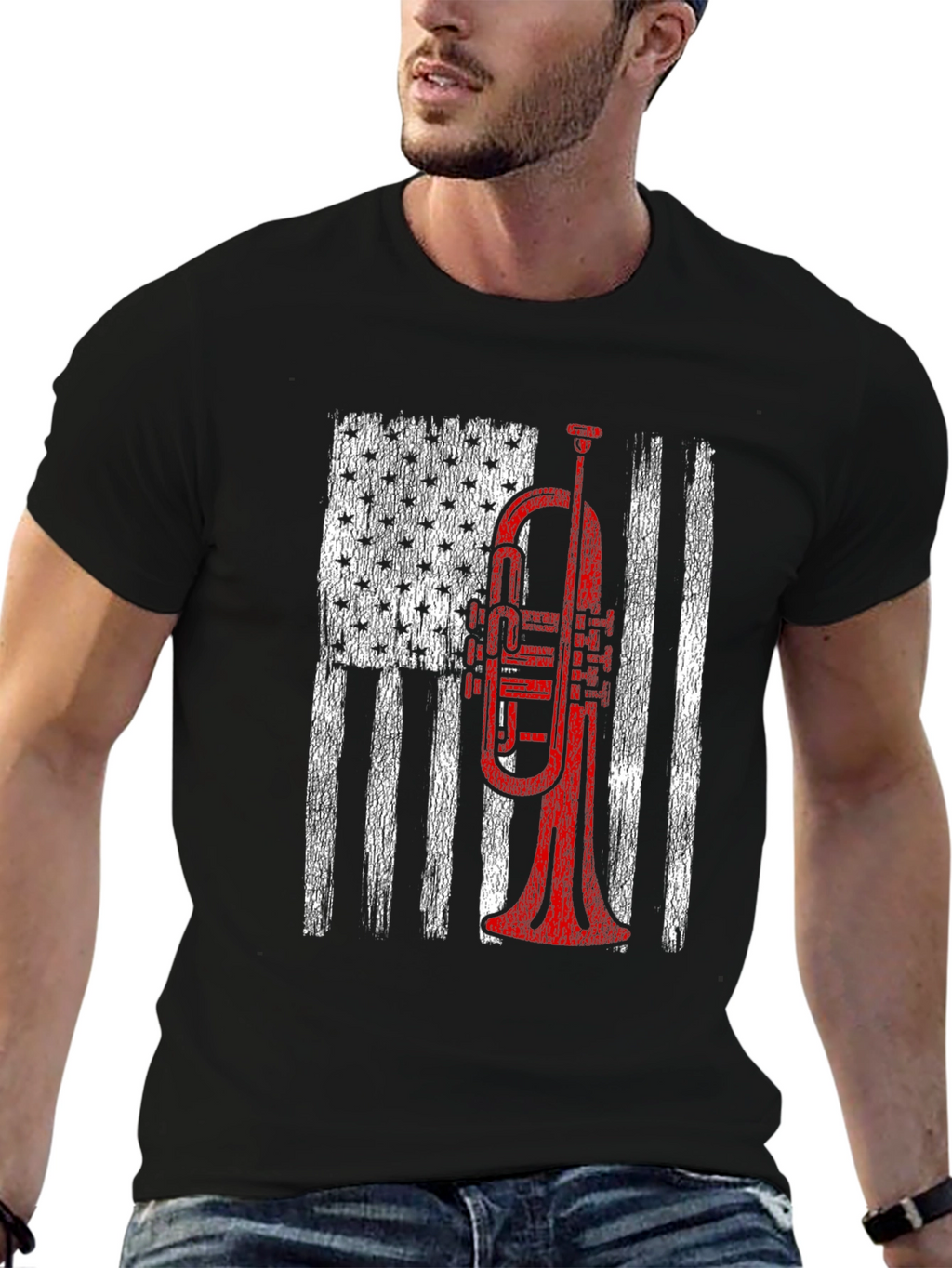 Trumpet American Flag Graphic T-Shirt
