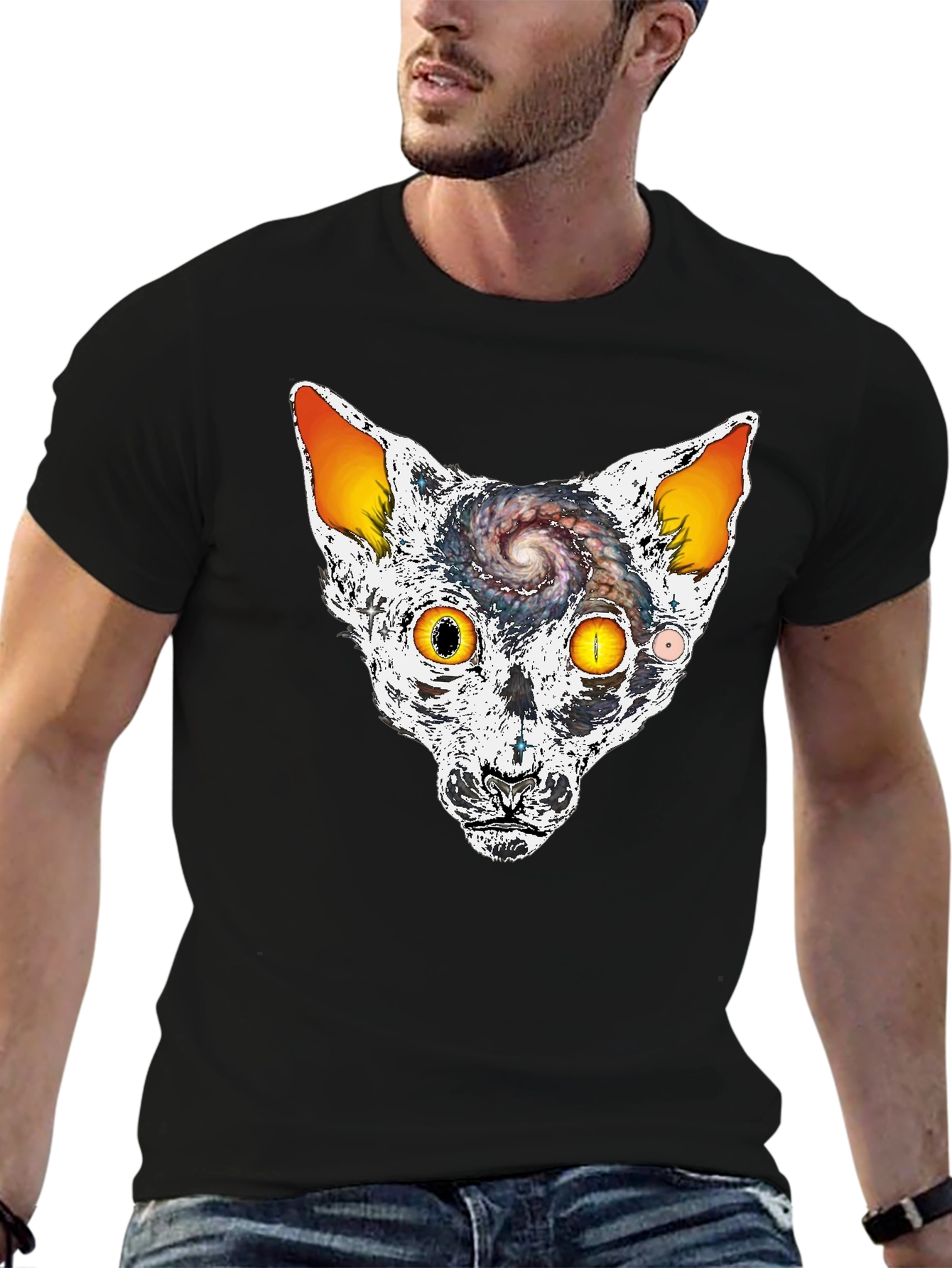 Cosmic Cat Head Graphic T-Shirt