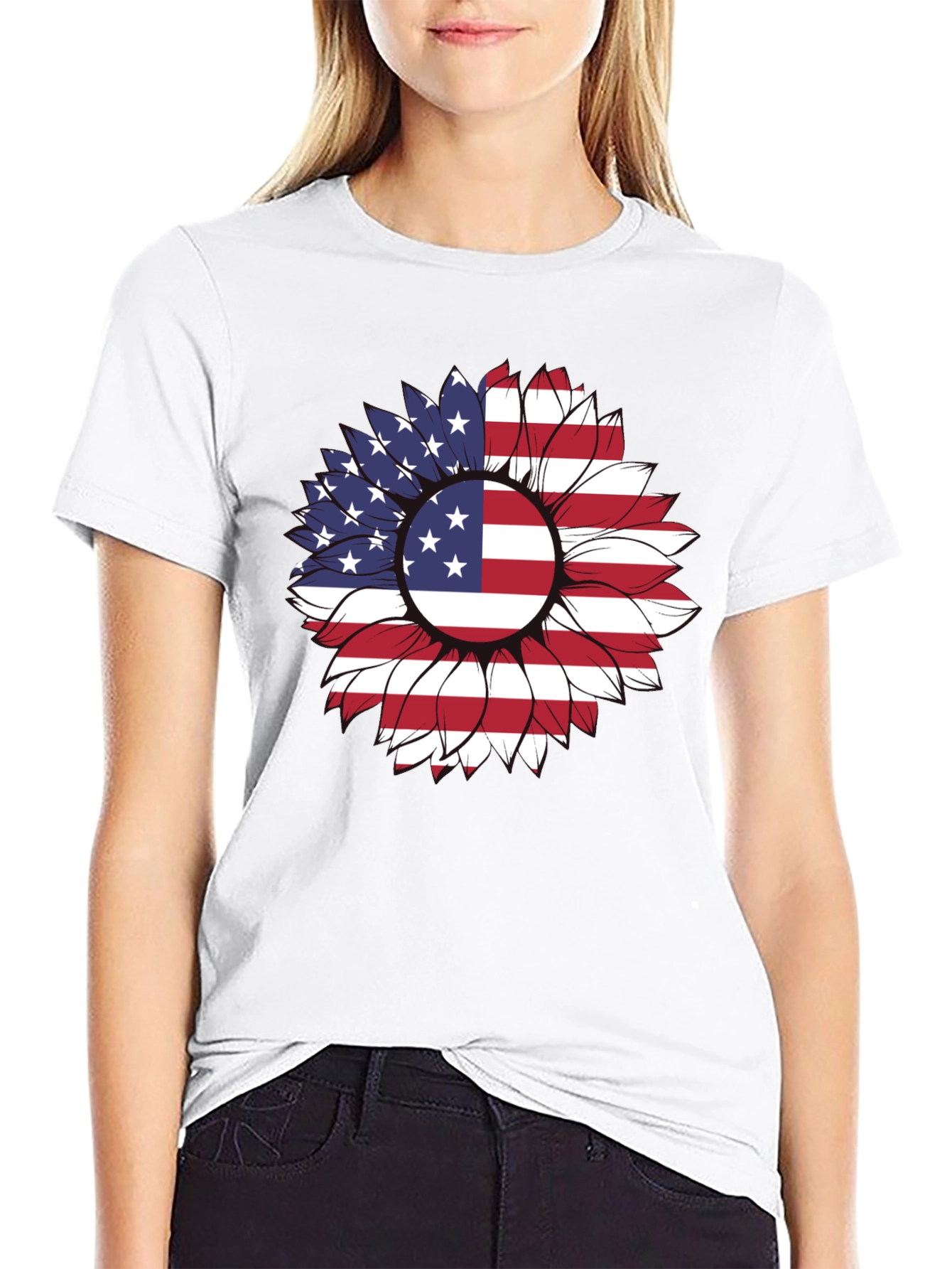 American Flag Sunflower Graphic T-Shirt
