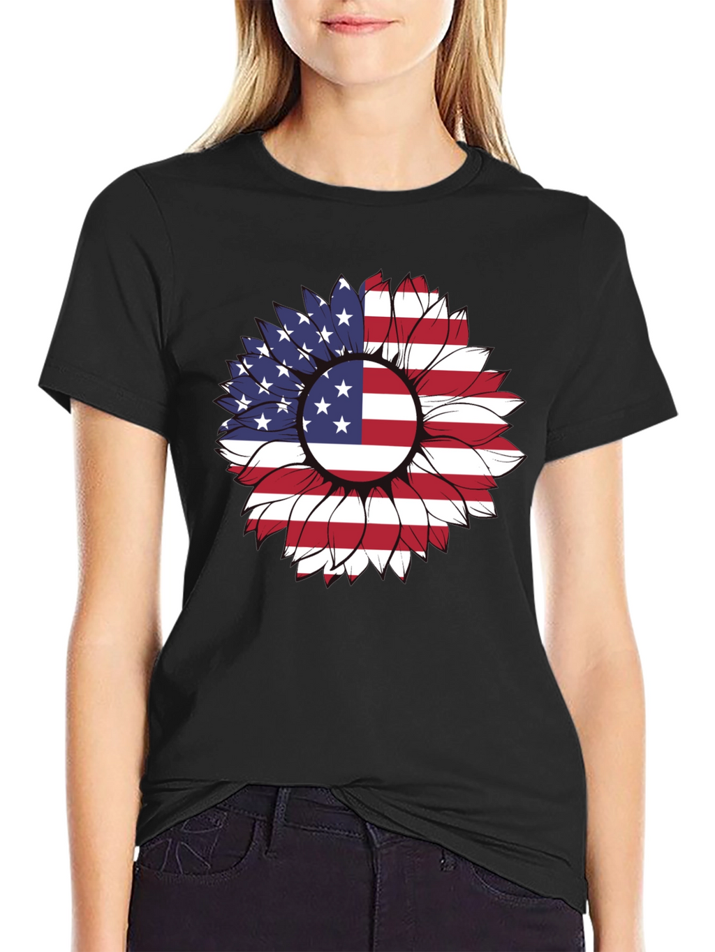 American Flag Sunflower Graphic T-Shirt