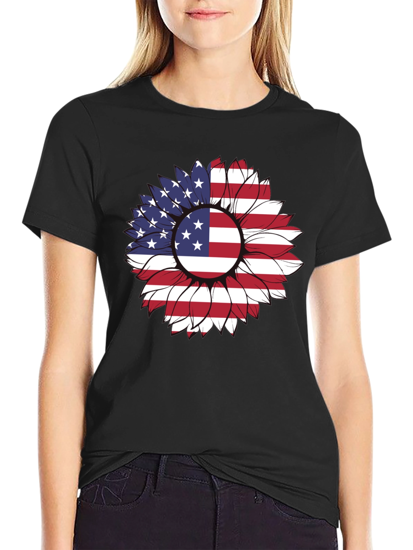 American Flag Sunflower Graphic T-Shirt