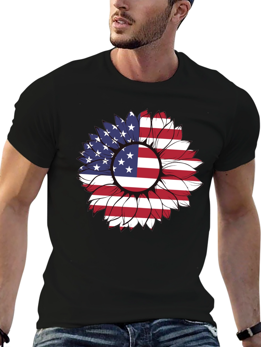 American Flag Sunflower Graphic T-Shirt