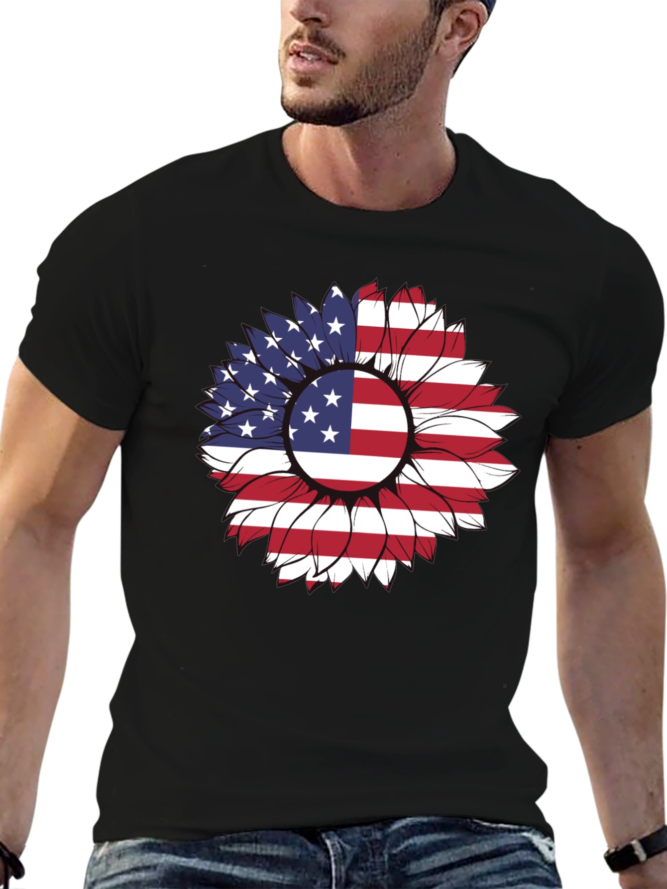 American Flag Sunflower Graphic T-Shirt