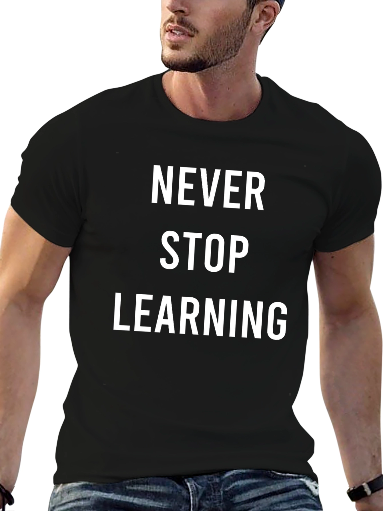 Never Stop Learning Black Graphic T-Shirt