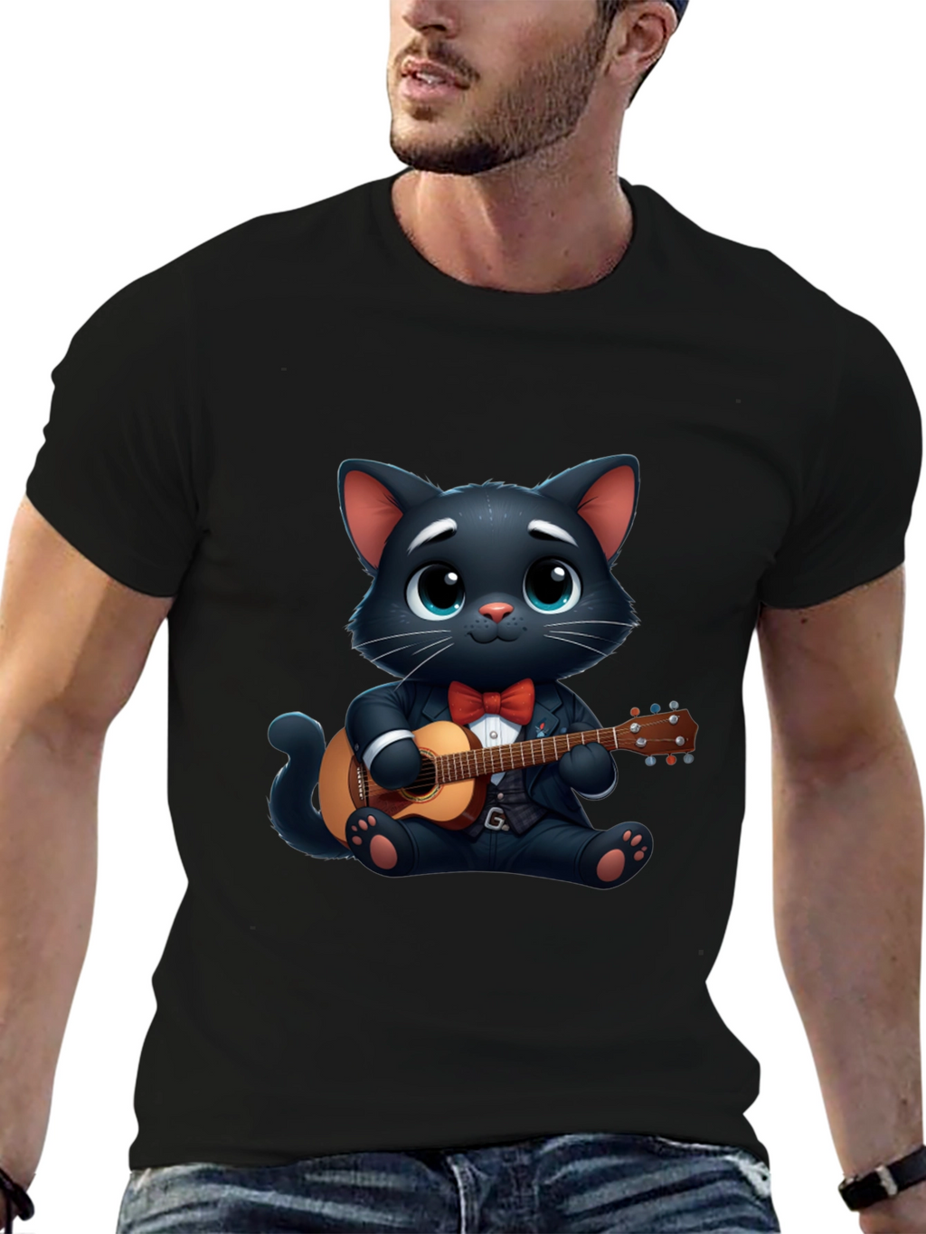 Cat Playing Guitar T-Shirt - Cute Cartoon Animal Tee