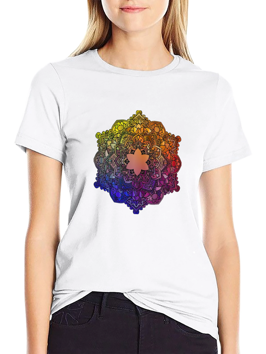 Rainbow Mandala Graphic Tee - Black Cotton T-Shirt