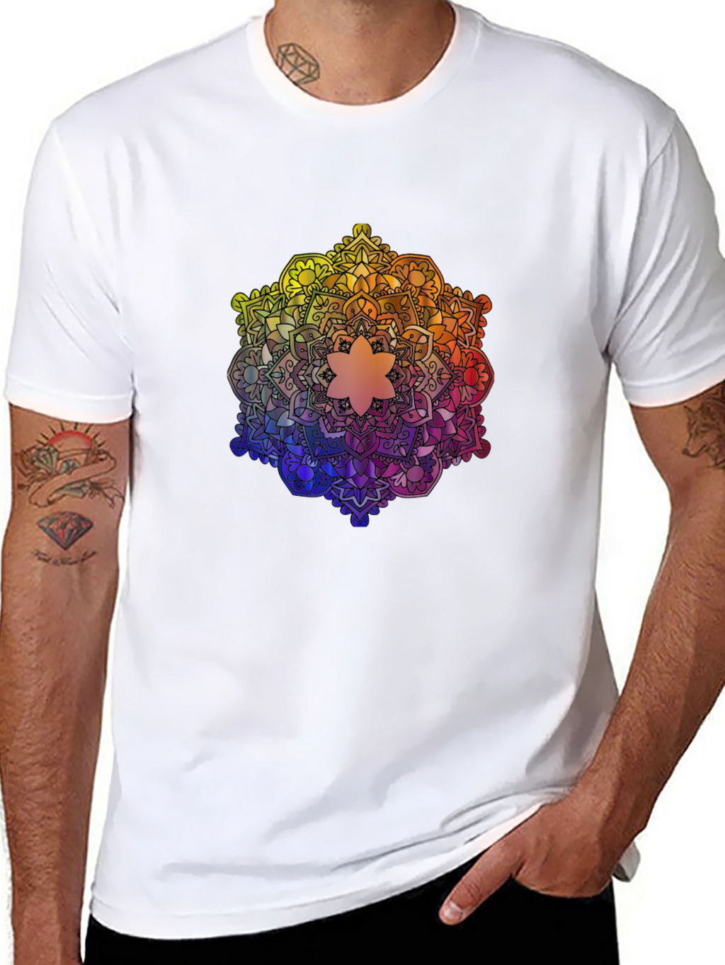 Rainbow Mandala Graphic Tee - Black Cotton T-Shirt