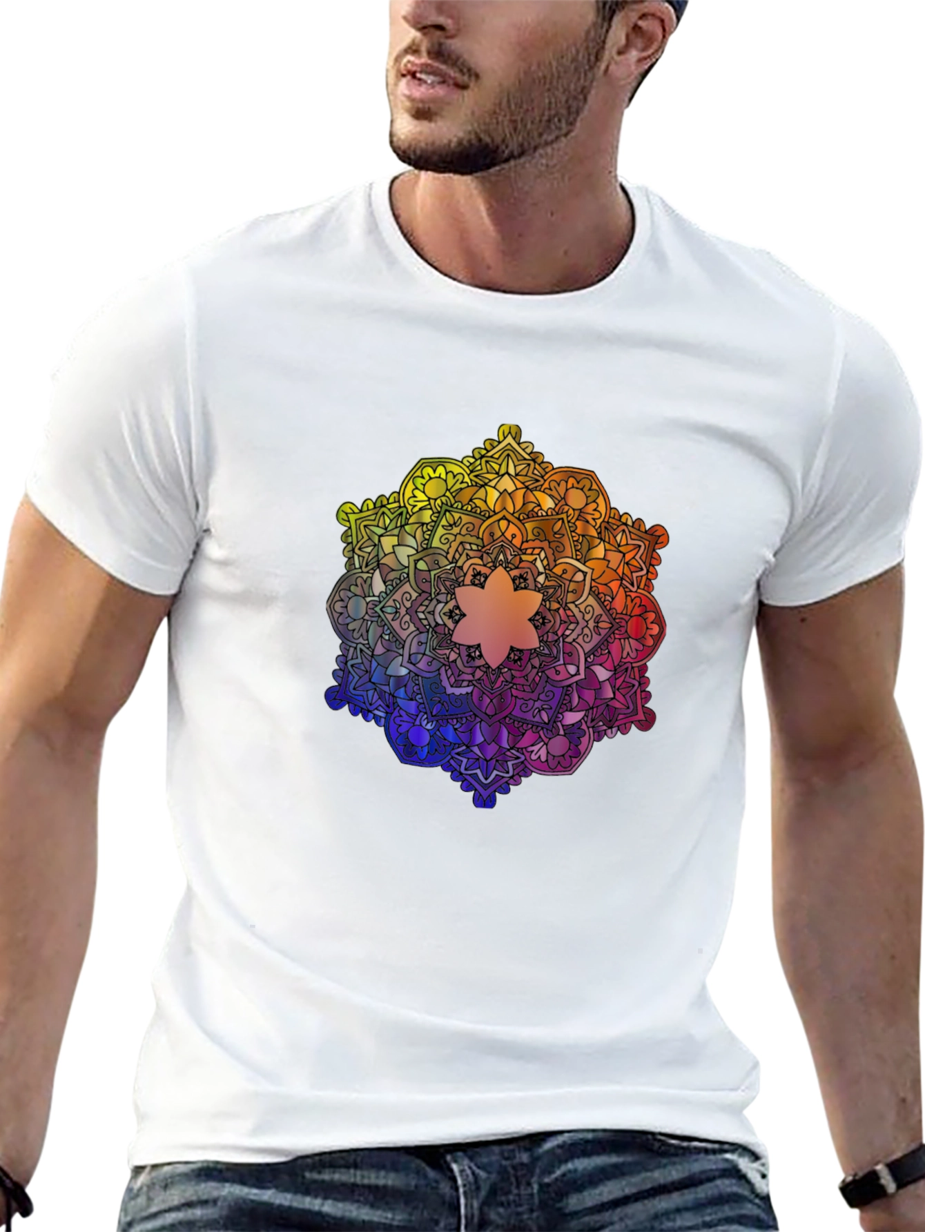 Rainbow Mandala Graphic Tee - Black Cotton T-Shirt