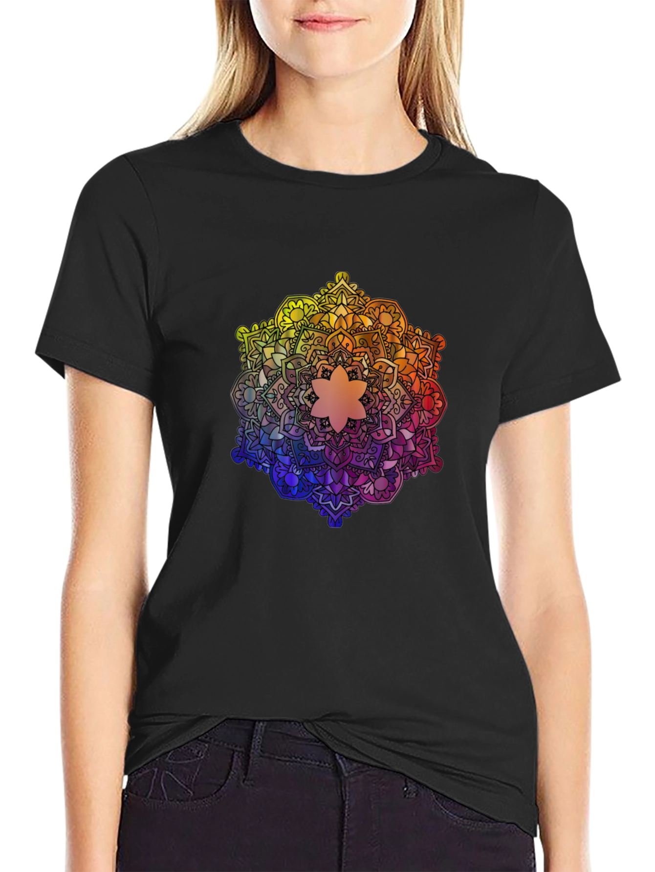 Rainbow Mandala Graphic Tee - Black Cotton T-Shirt