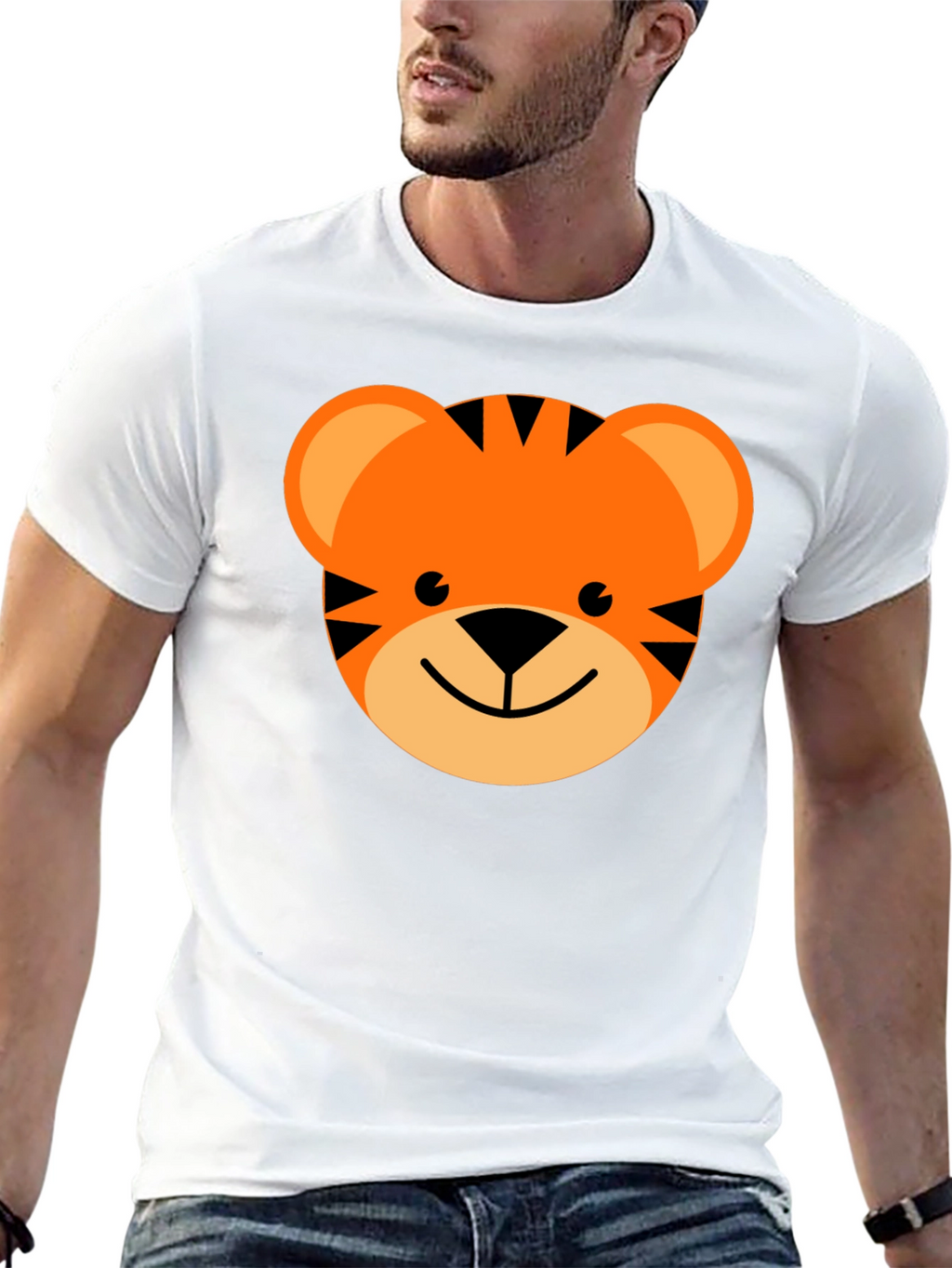 Cute Cartoon Tiger Graphic Tee - Black Cotton Blend