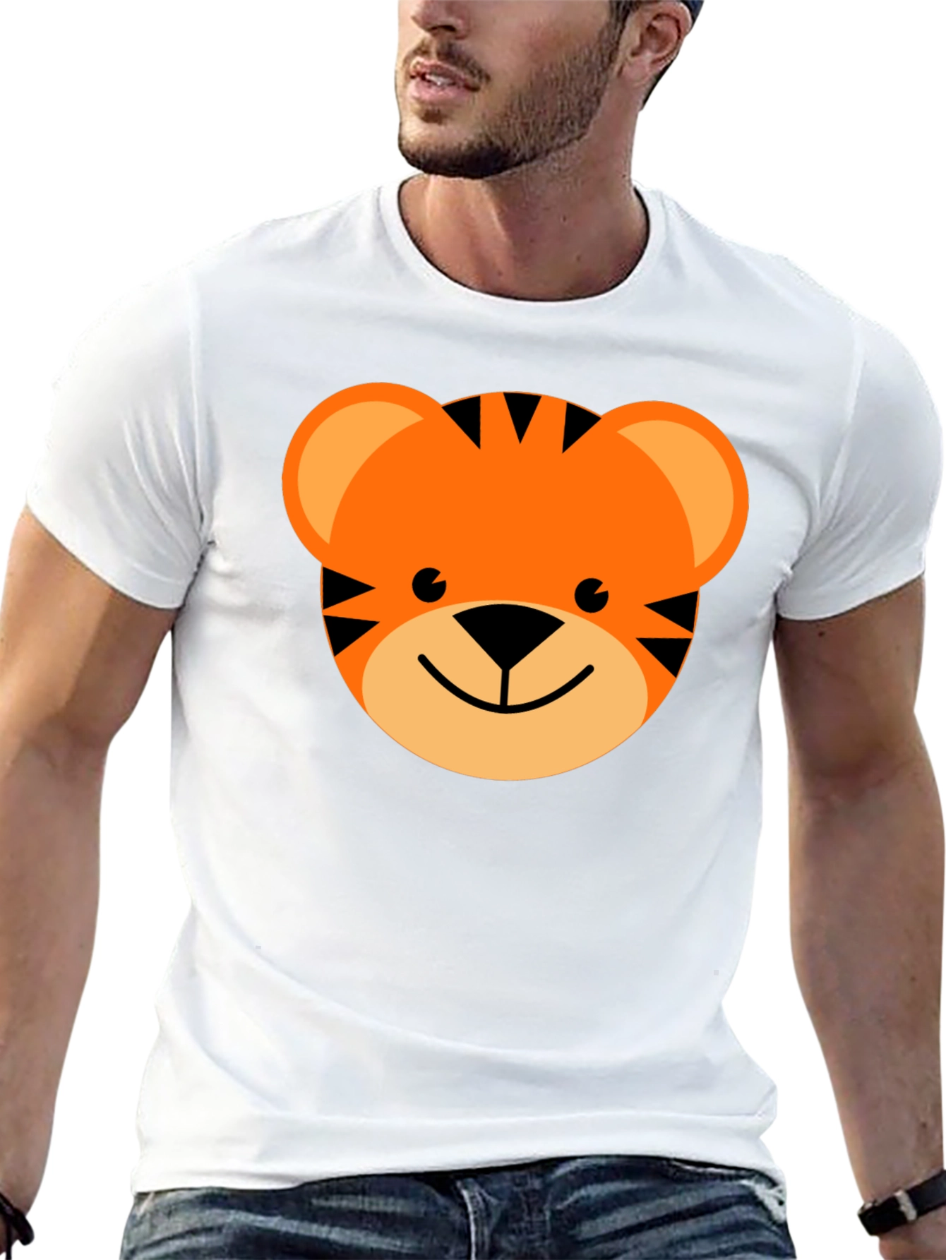 Cute Cartoon Tiger Graphic Tee - Black Cotton Blend