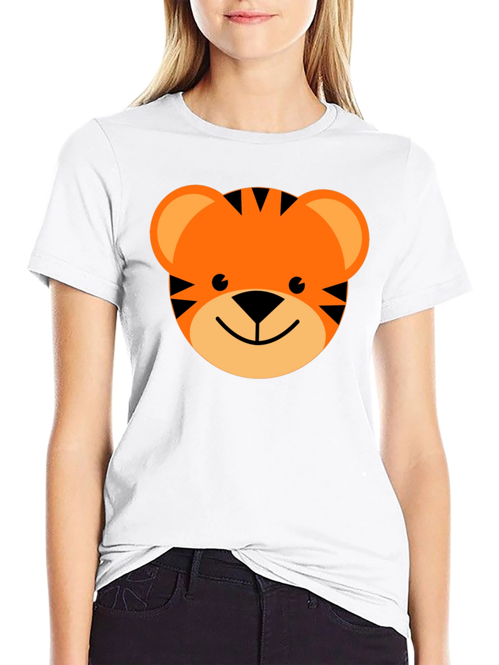 Cute Cartoon Tiger Graphic Tee - Black Cotton Blend