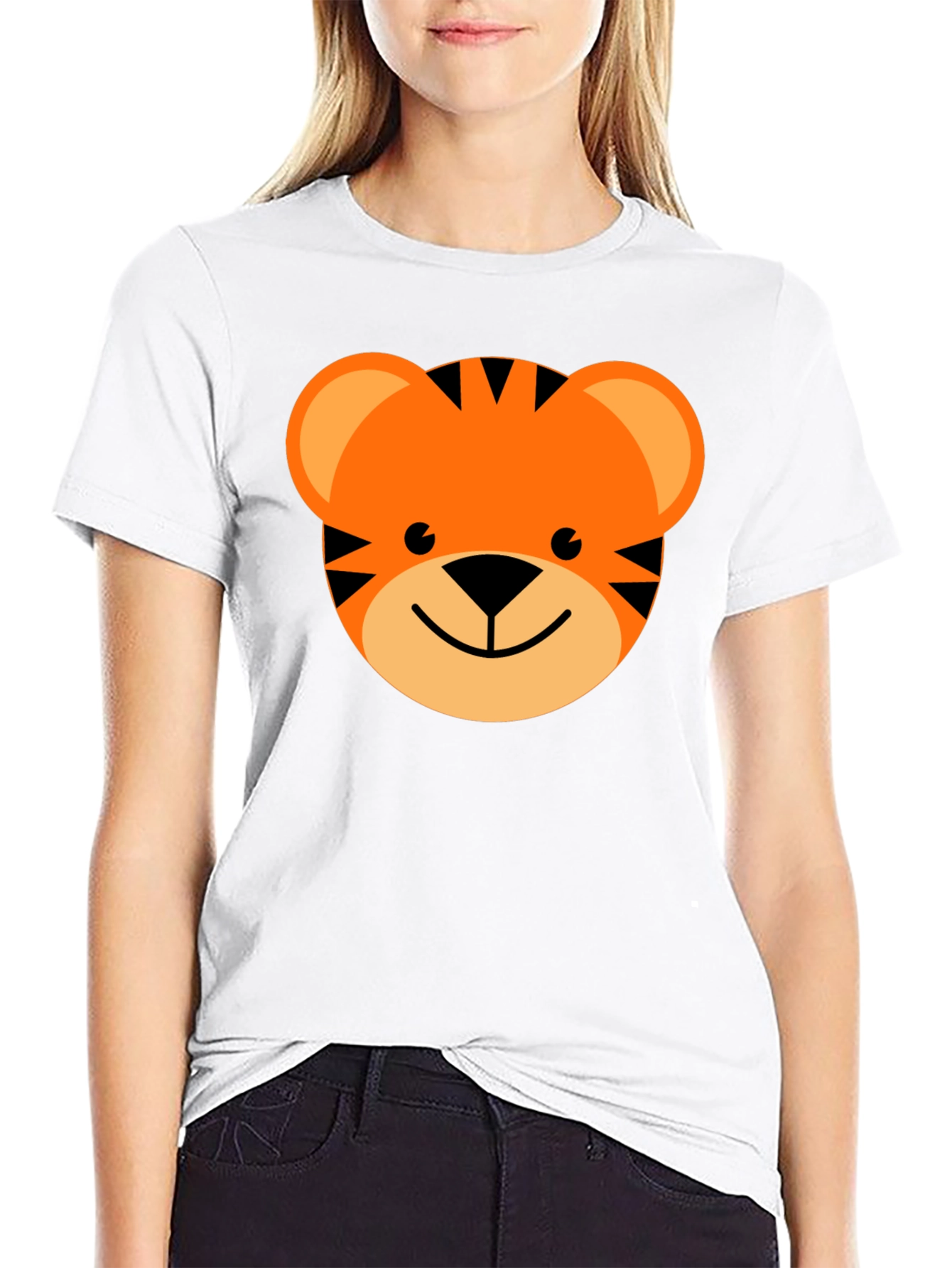 Cute Cartoon Tiger Graphic Tee - Black Cotton Blend