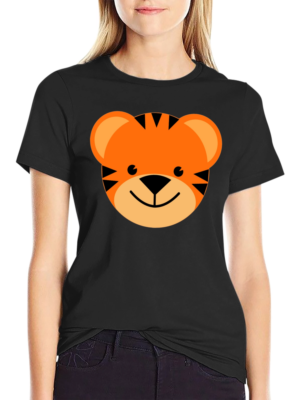 Cute Cartoon Tiger Graphic Tee - Black Cotton Blend