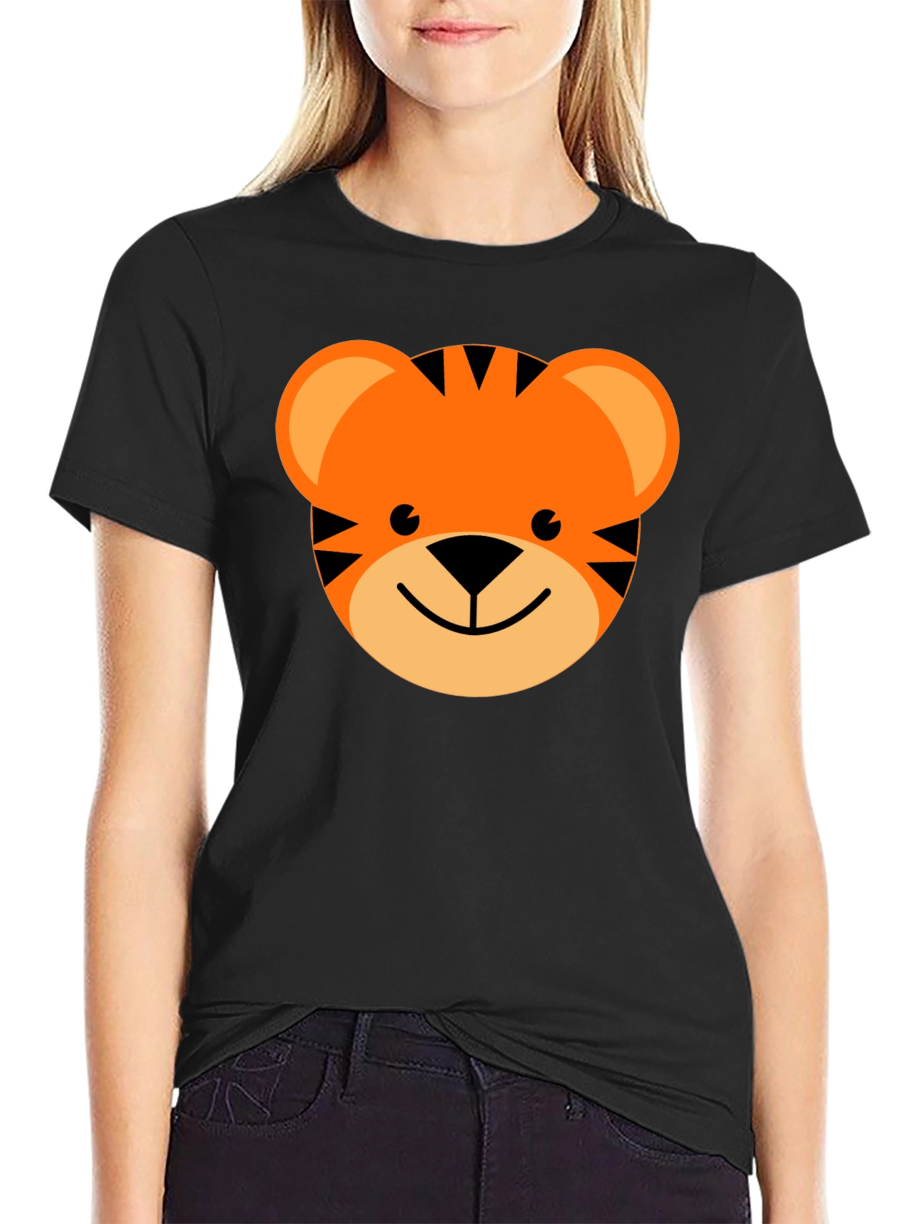 Cute Cartoon Tiger Graphic Tee - Black Cotton Blend
