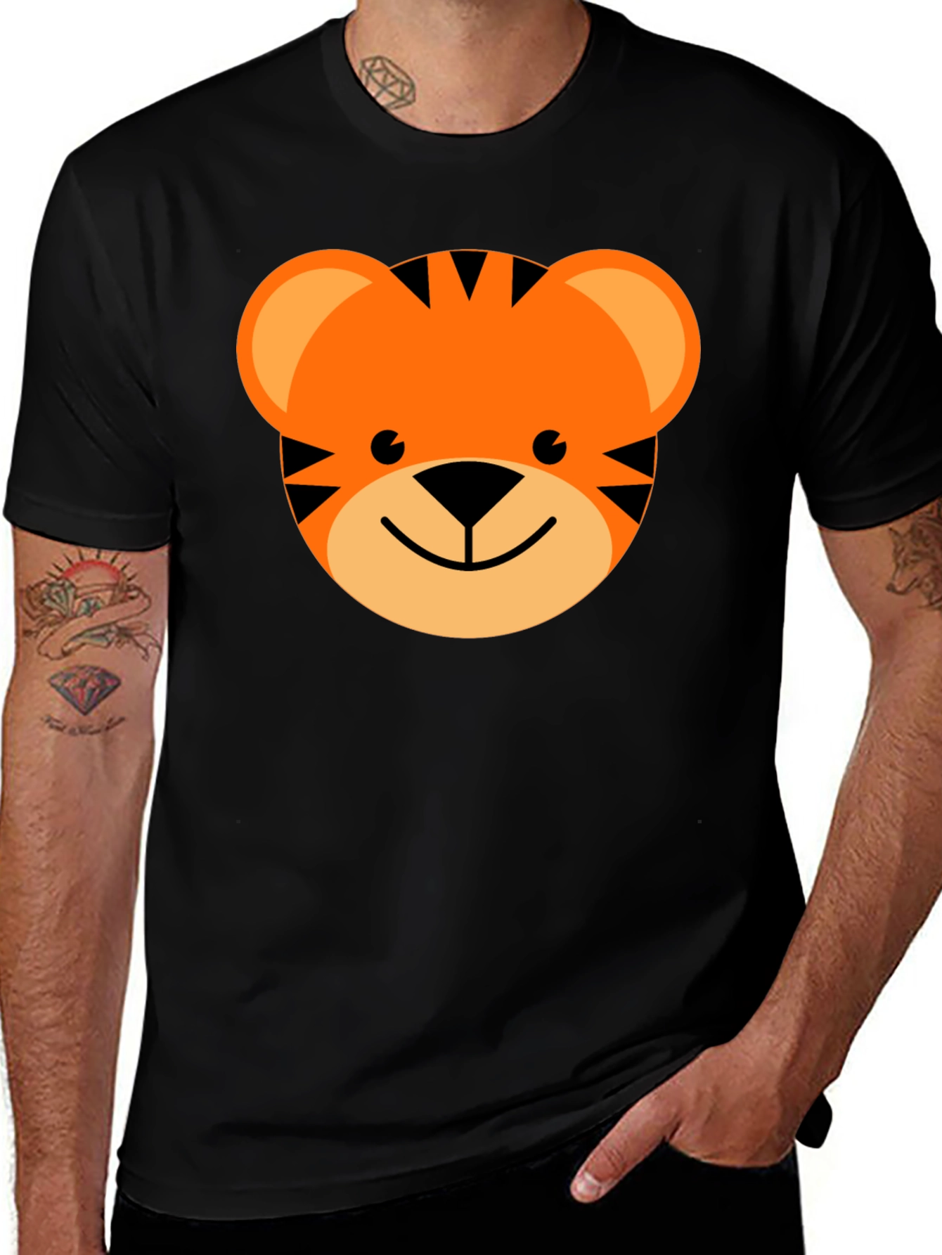 Cute Cartoon Tiger Graphic Tee - Black Cotton Blend