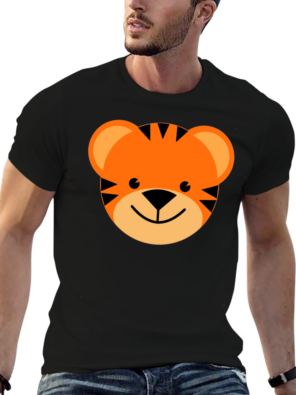 Cute Cartoon Tiger Graphic Tee - Black Cotton Blend