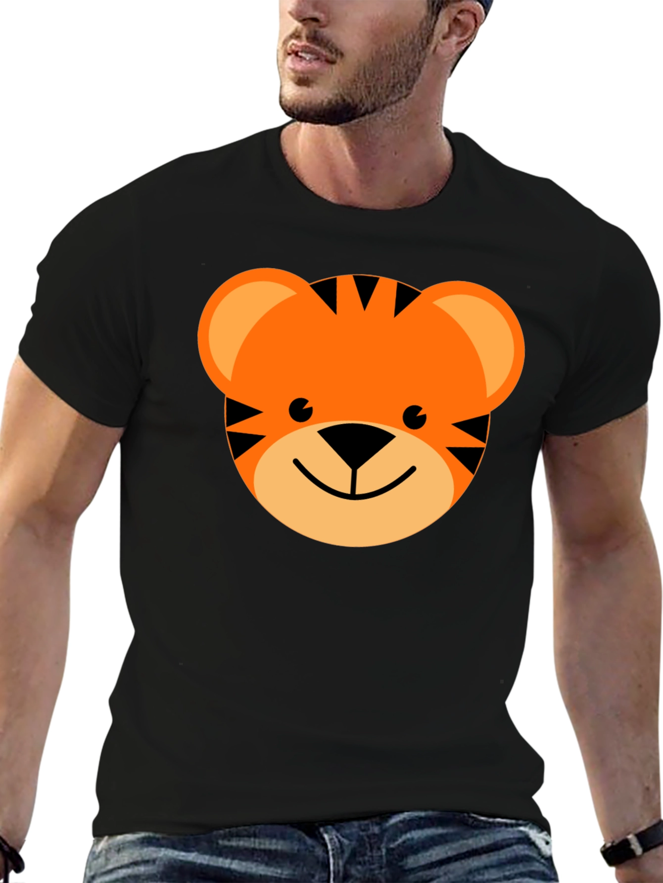 Cute Cartoon Tiger Graphic Tee - Black Cotton Blend