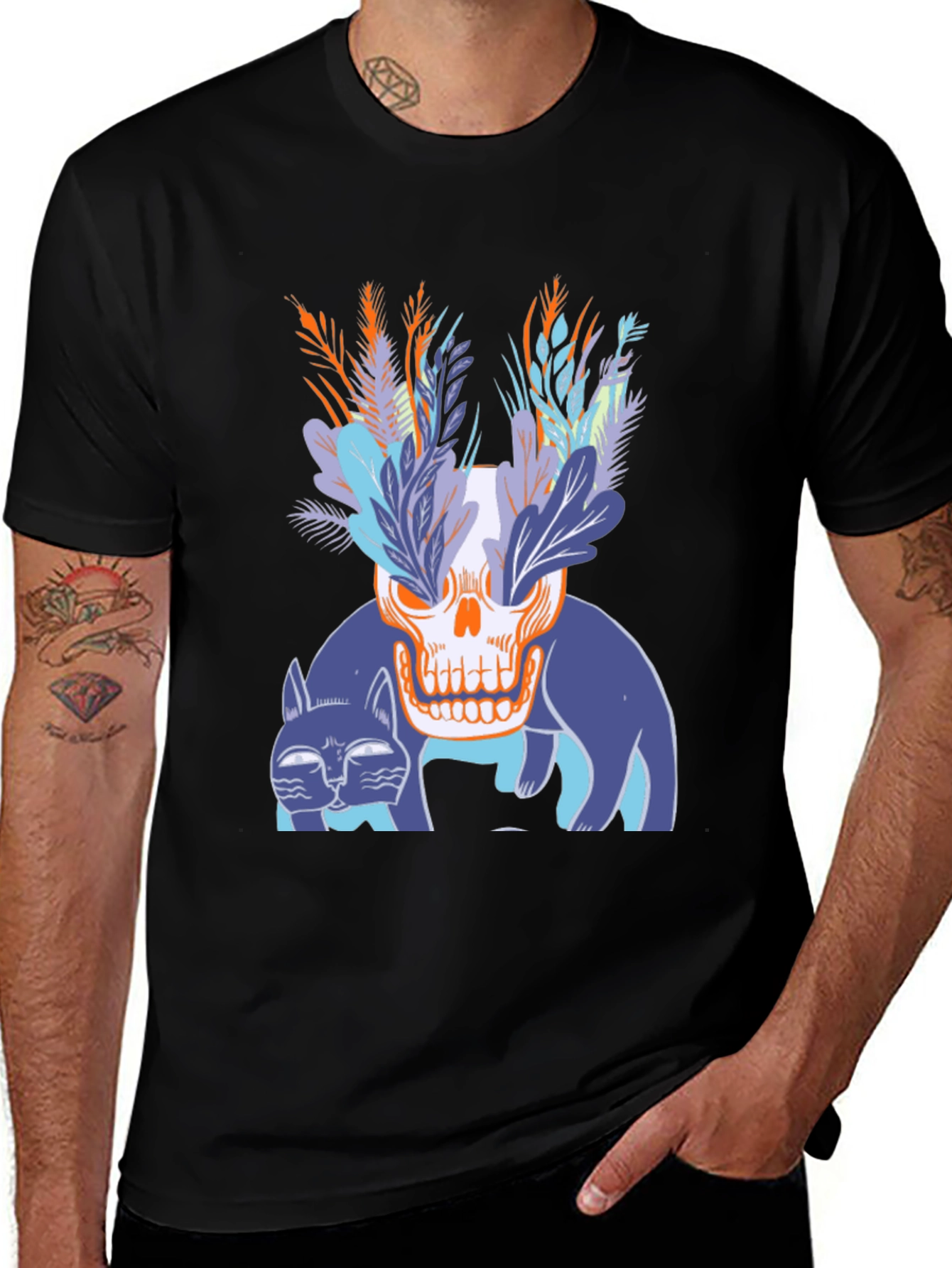 Skull & Cats Graphic Tee - Black Cotton Shirt