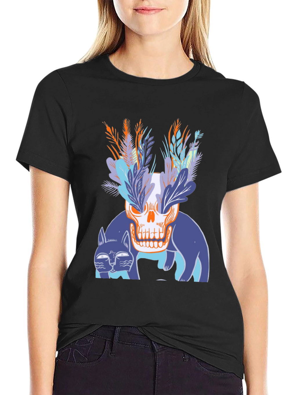 Skull & Cats Graphic Tee - Black Cotton Shirt
