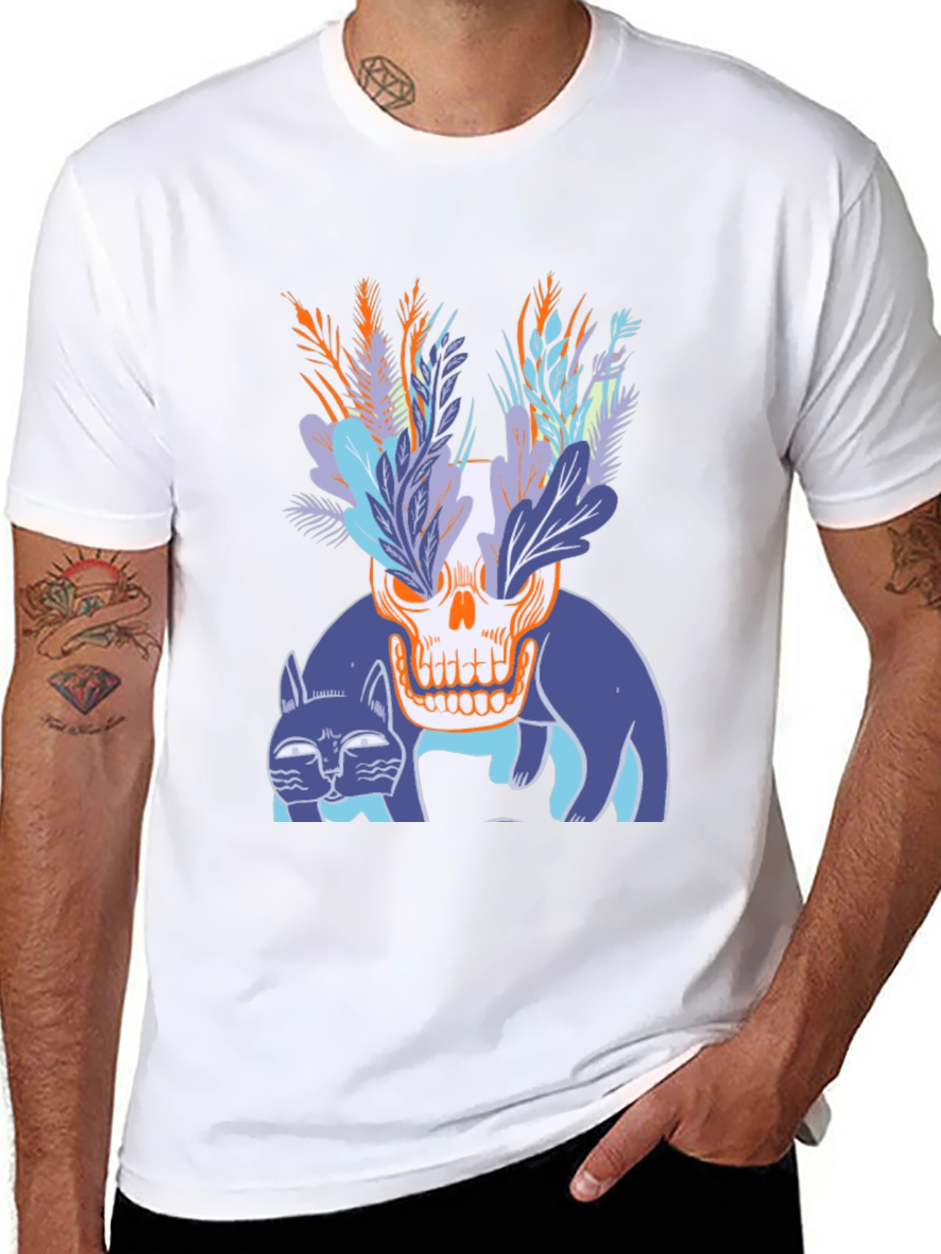 Skull & Cats Graphic Tee - Black Cotton Shirt