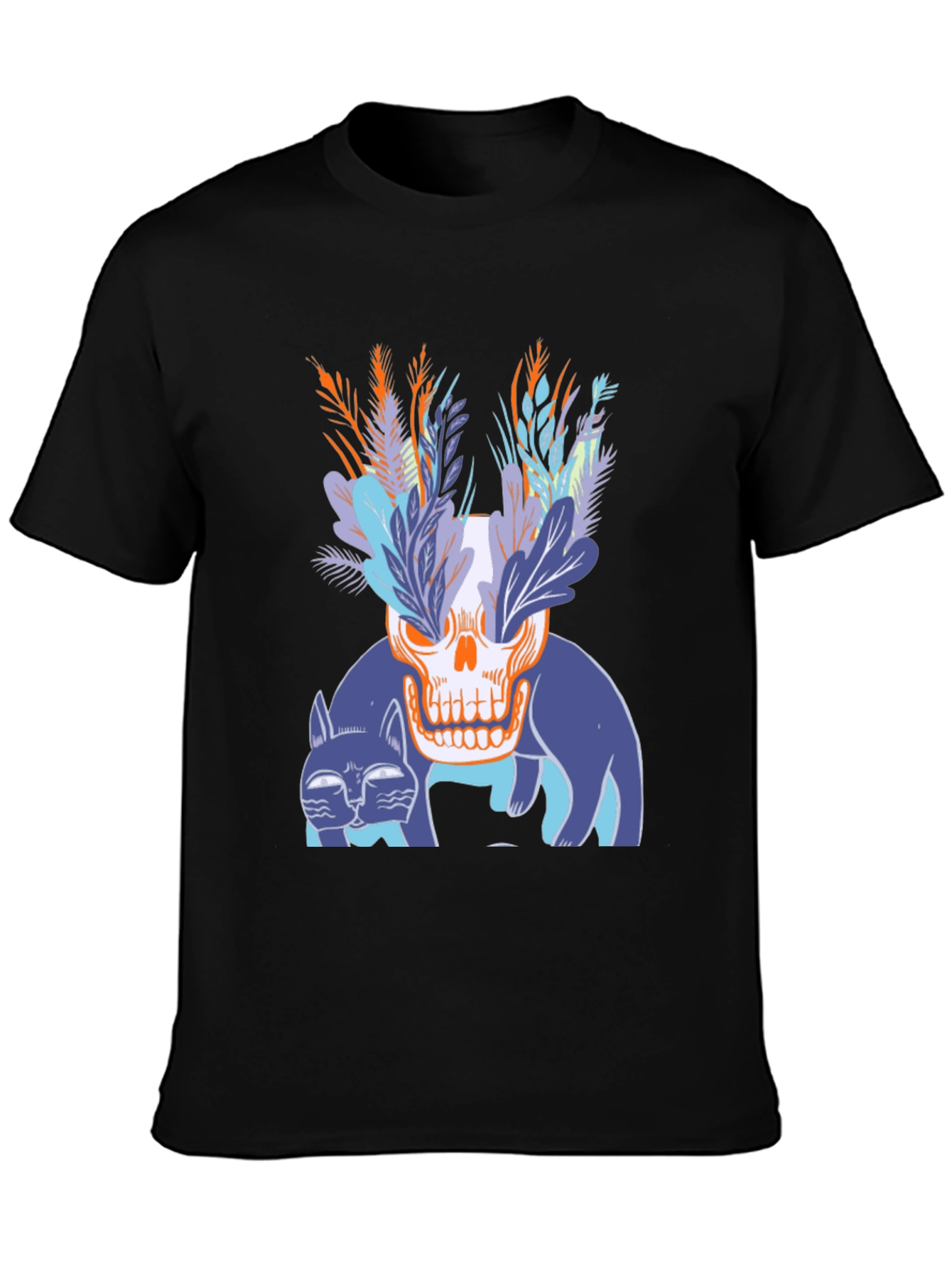 Skull & Cats Graphic Tee - Black Cotton Shirt