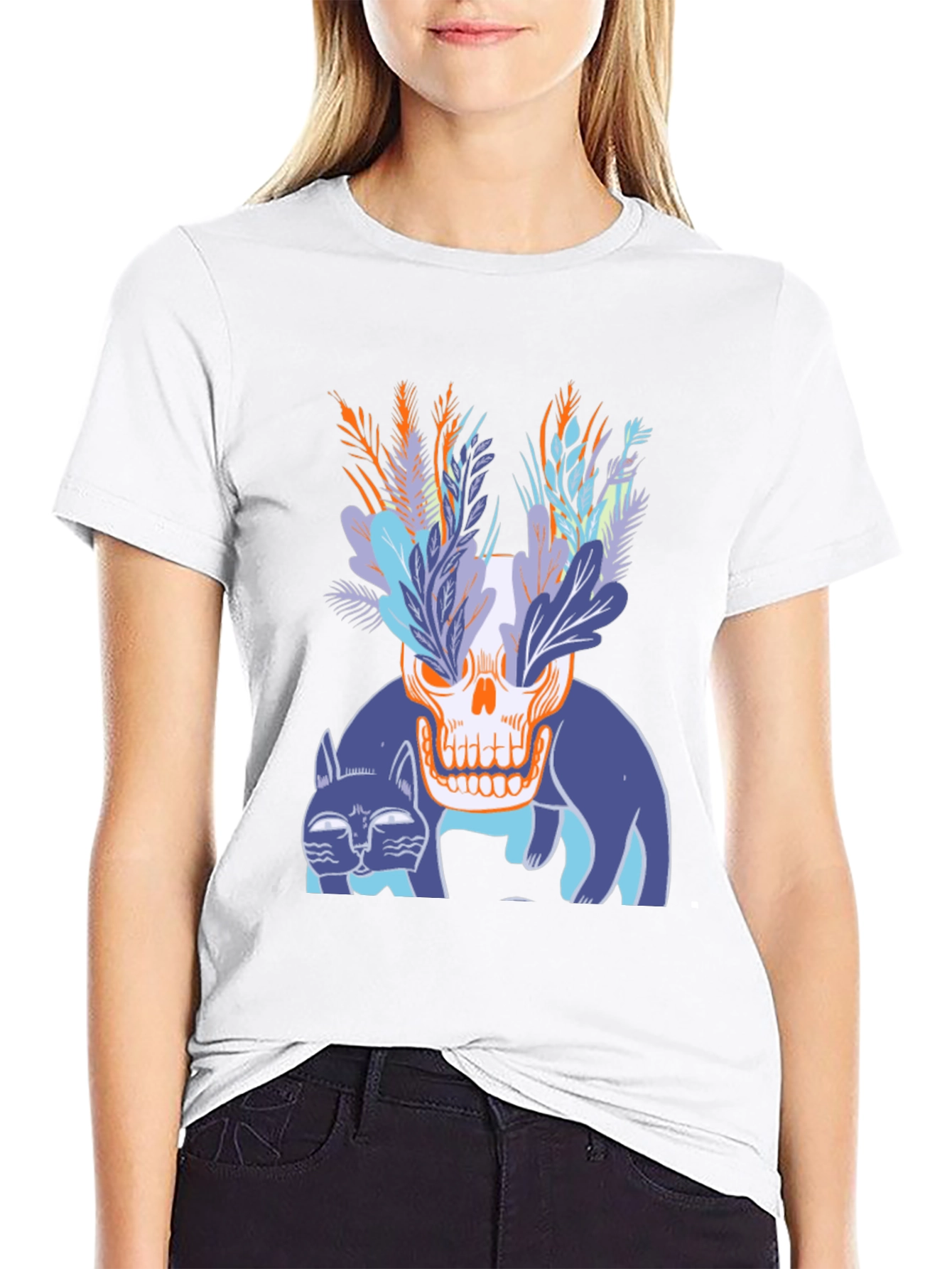 Skull & Cats Graphic Tee - Black Cotton Shirt
