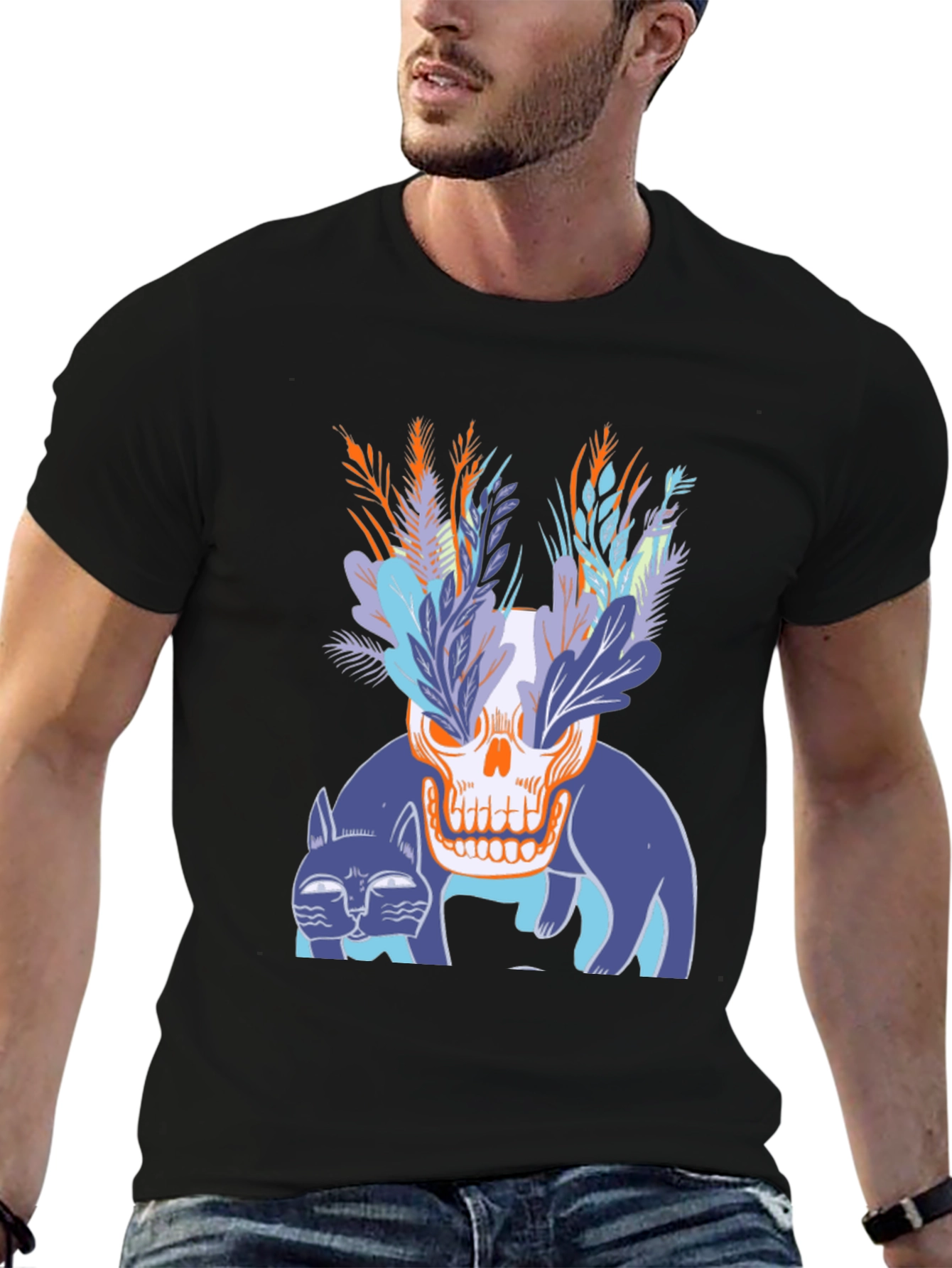 Skull & Cats Graphic Tee - Black Cotton Shirt