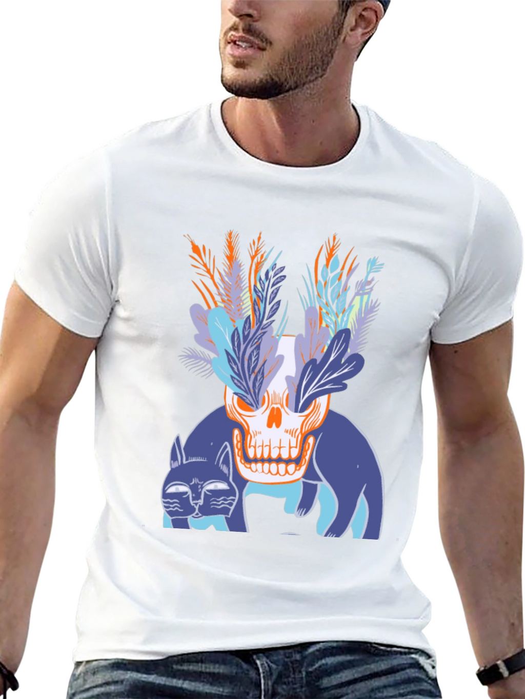 Skull & Cats Graphic Tee - Black Cotton Shirt