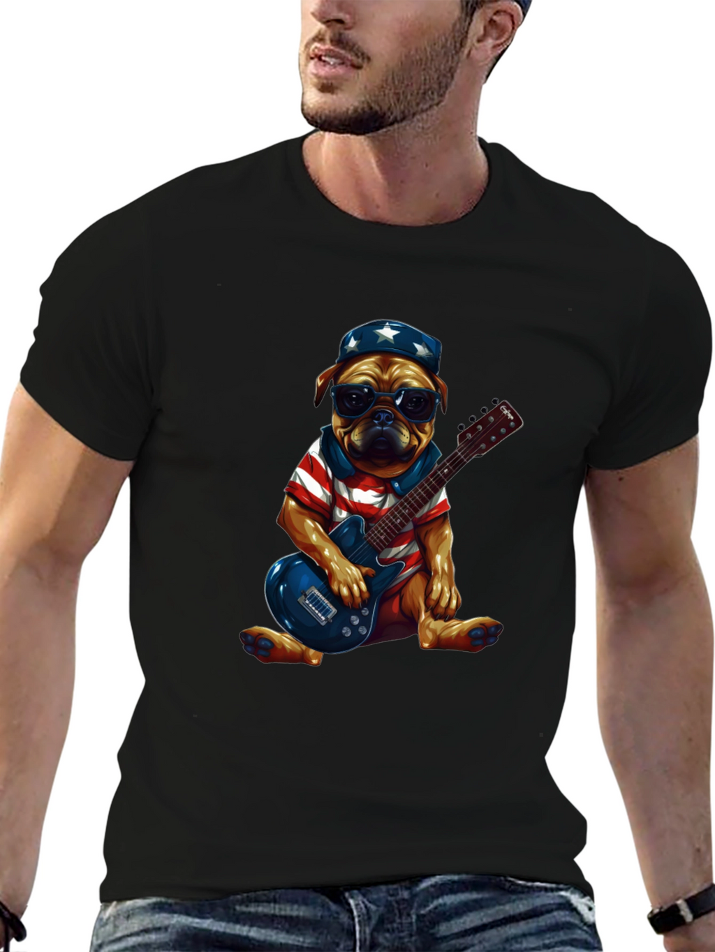 Patriotic Pug Guitarist Graphic Tee