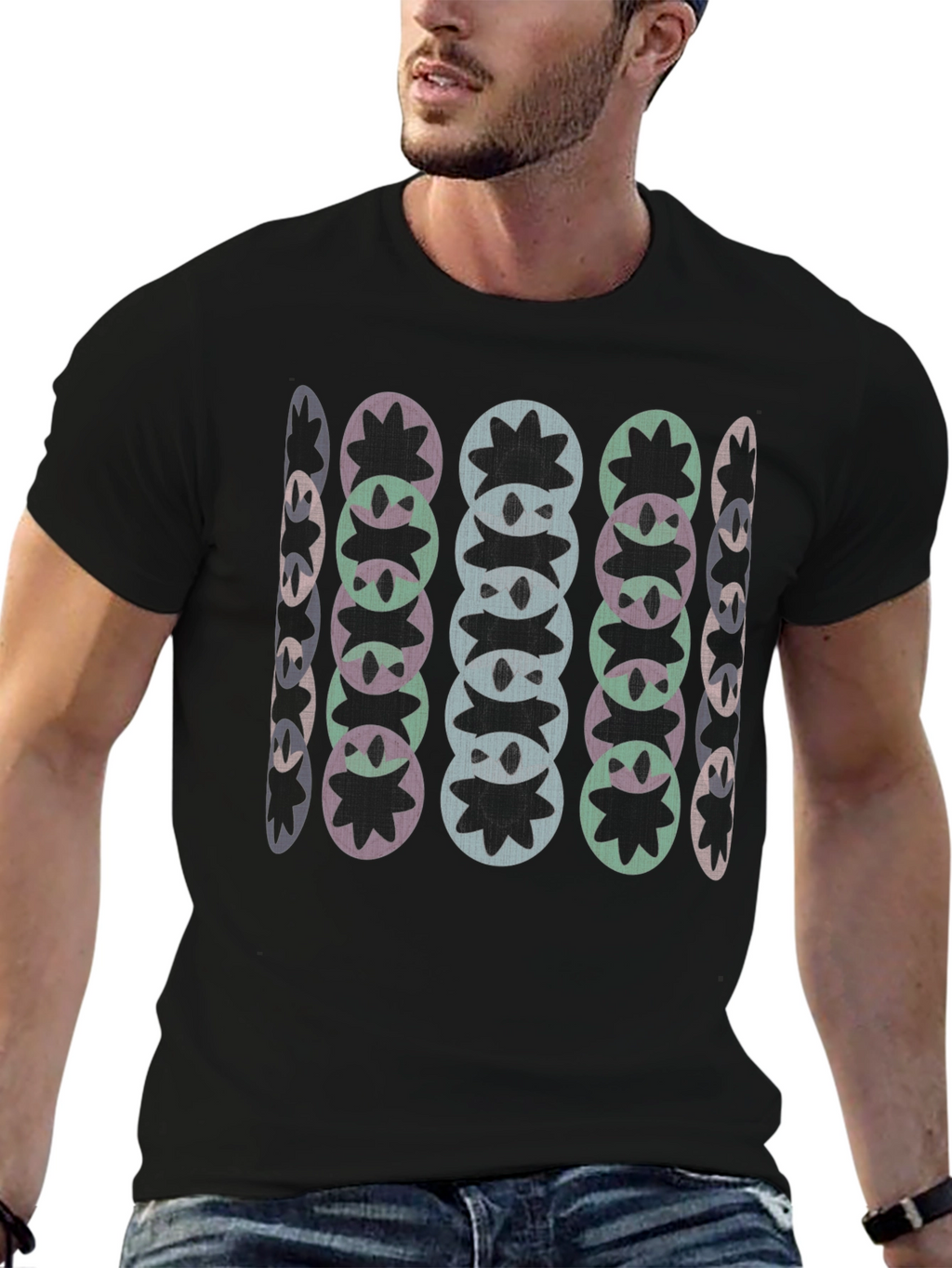 Abstract Floral Pattern Black T-Shirt