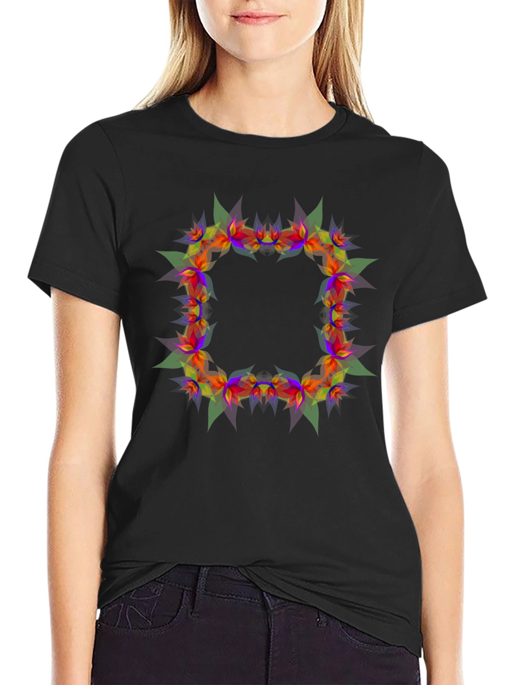 Geometric Floral Frame Black T-Shirt