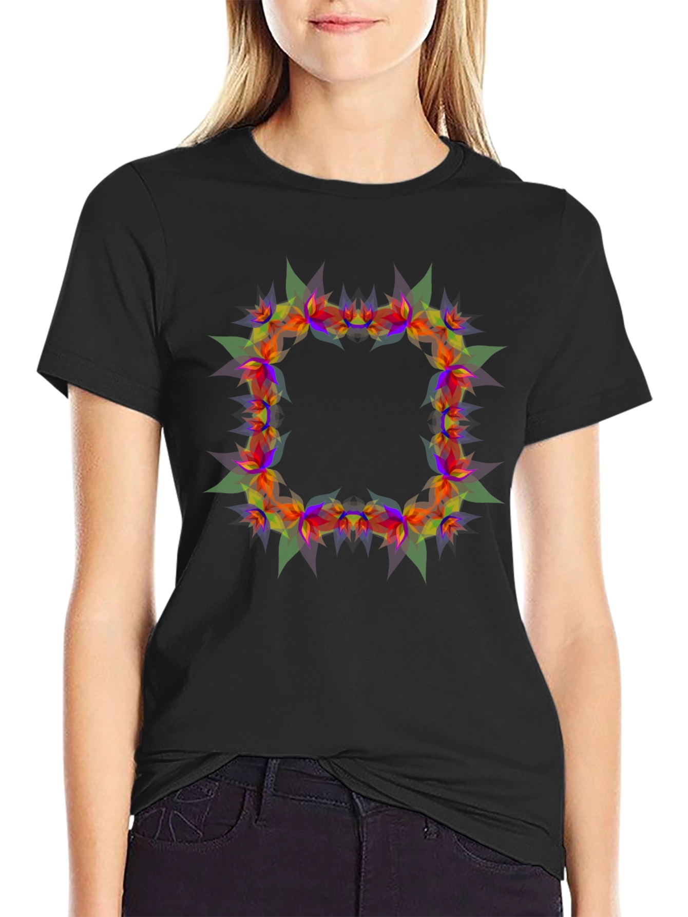 Geometric Floral Frame Black T-Shirt