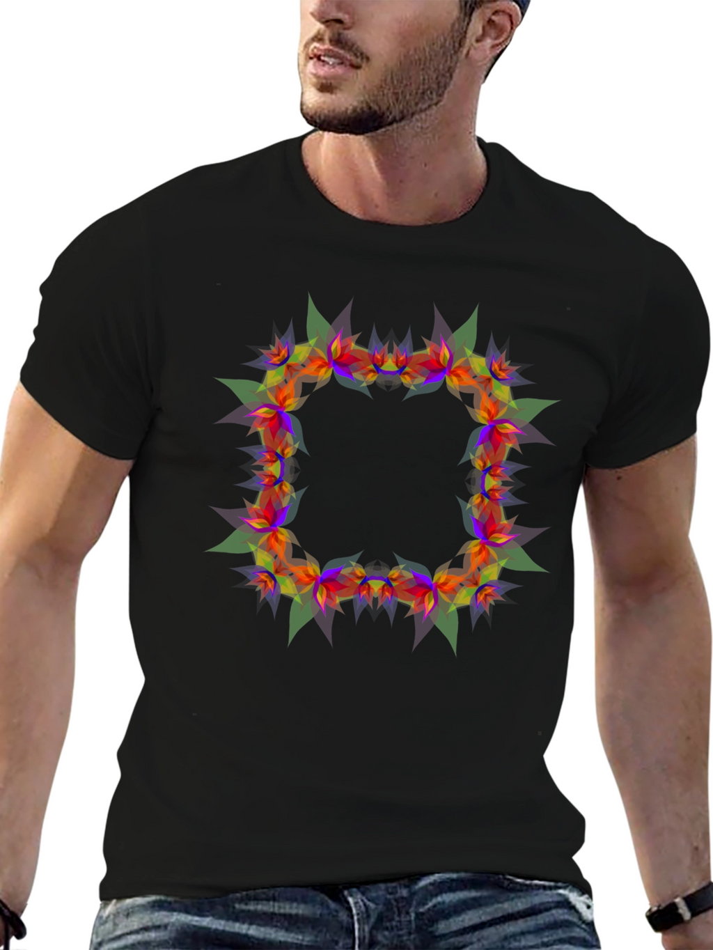 Geometric Floral Frame Black T-Shirt