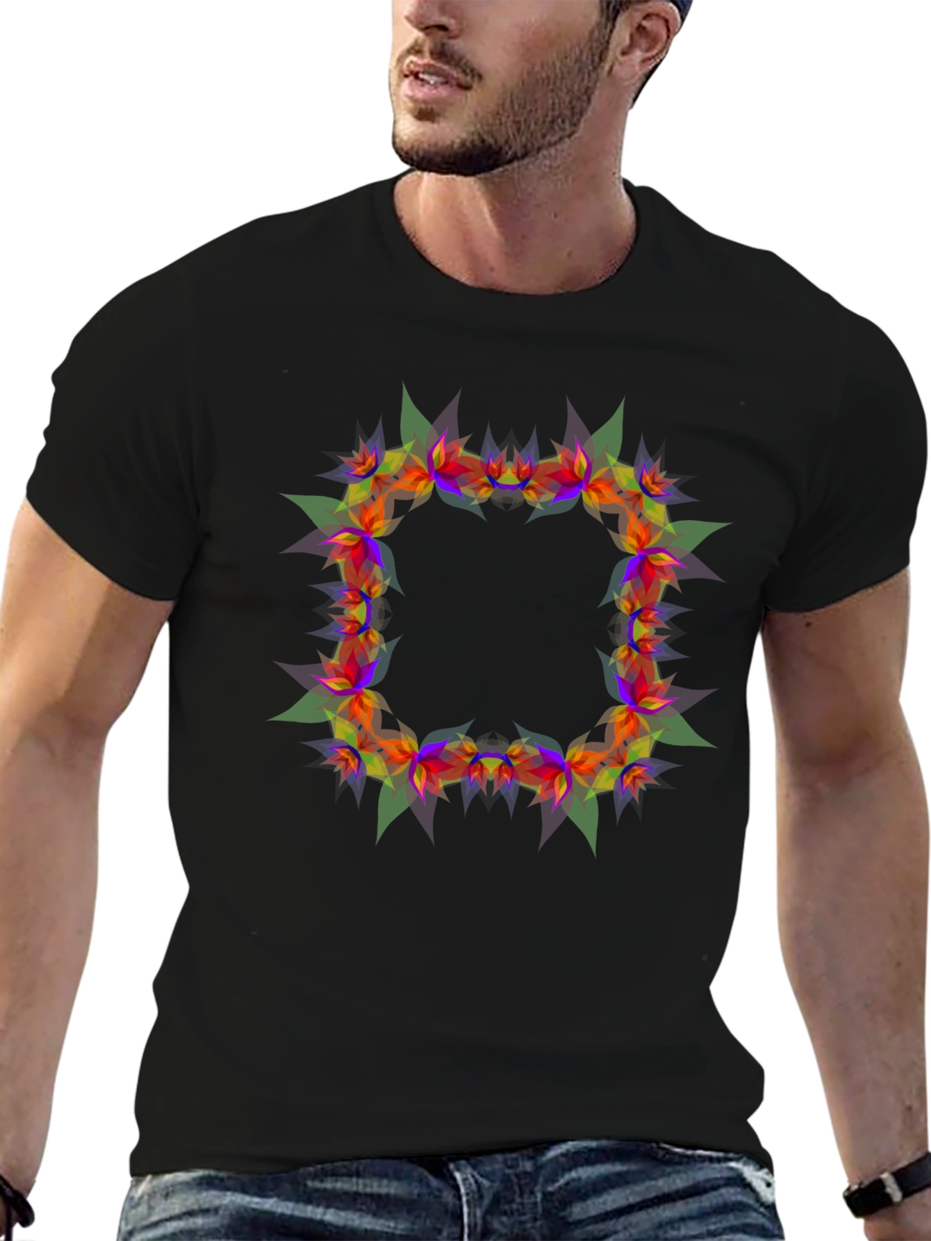 Geometric Floral Frame Black T-Shirt