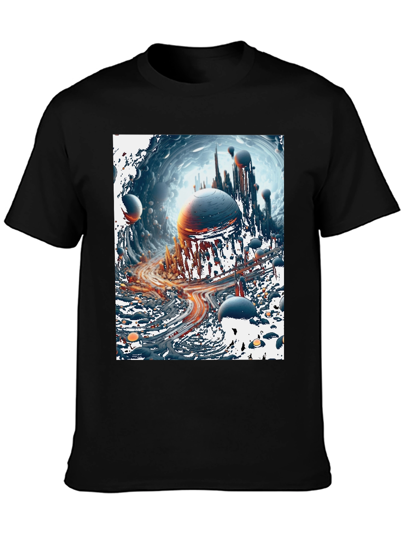 Sci-Fi Cityscape Graphic Tee - Bold Black Cotton T-Shirt
