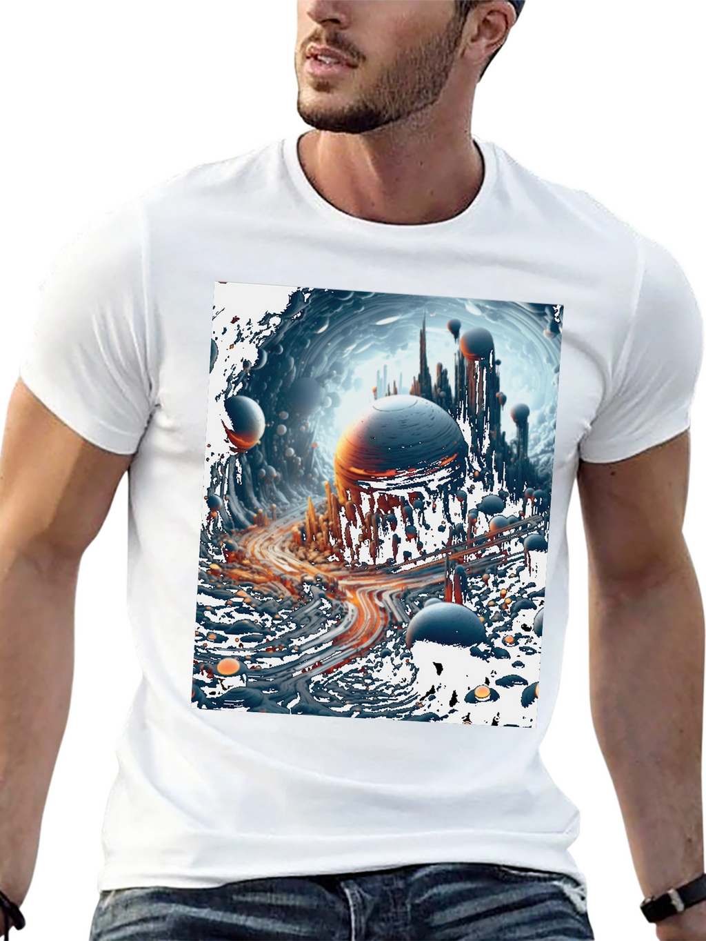 Sci-Fi Cityscape Graphic Tee - Bold Black Cotton T-Shirt