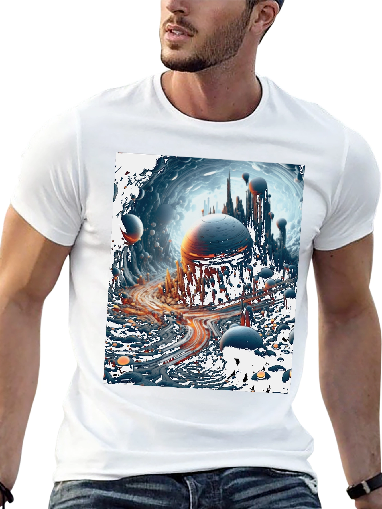 Sci-Fi Cityscape Graphic Tee - Bold Black Cotton T-Shirt