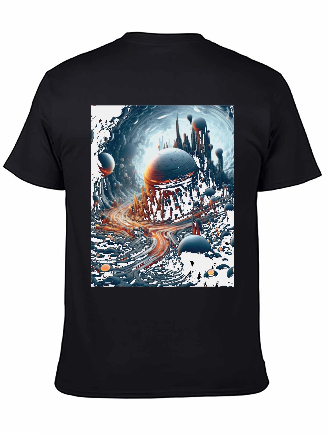 Sci-Fi Cityscape Graphic Tee - Bold Black Cotton T-Shirt