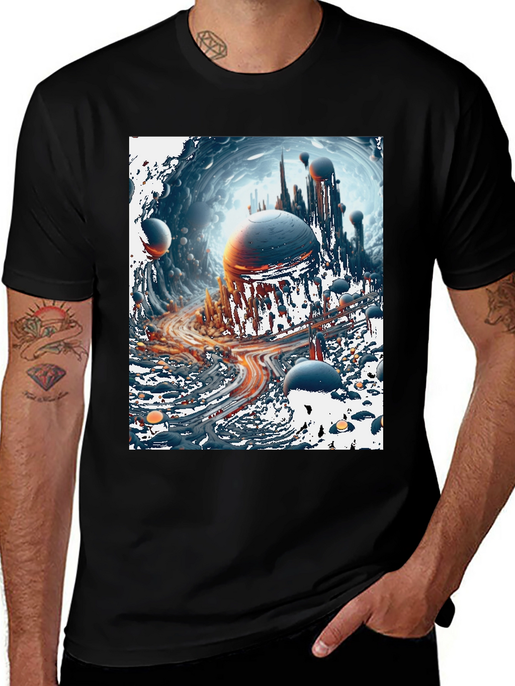 Sci-Fi Cityscape Graphic Tee - Bold Black Cotton T-Shirt