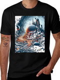 Sci-Fi Cityscape Graphic Tee - Bold Black Cotton T-Shirt