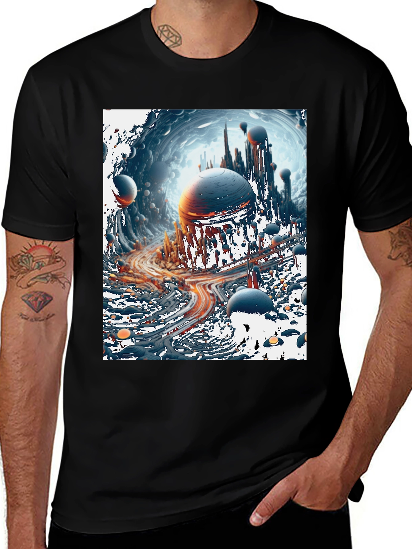 Sci-Fi Cityscape Graphic Tee - Bold Black Cotton T-Shirt
